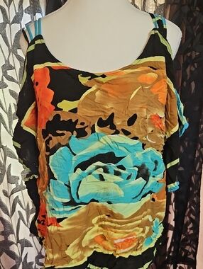 Cato Cold-Shoulder Floral Tunic in Black, Turquoise & Orange